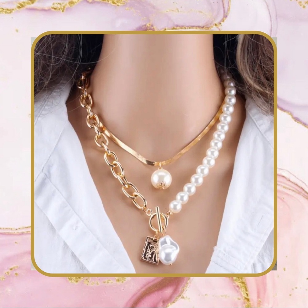 🤍🆕 NWOT Trendy Pearl Gold Fusion Layered Necklace